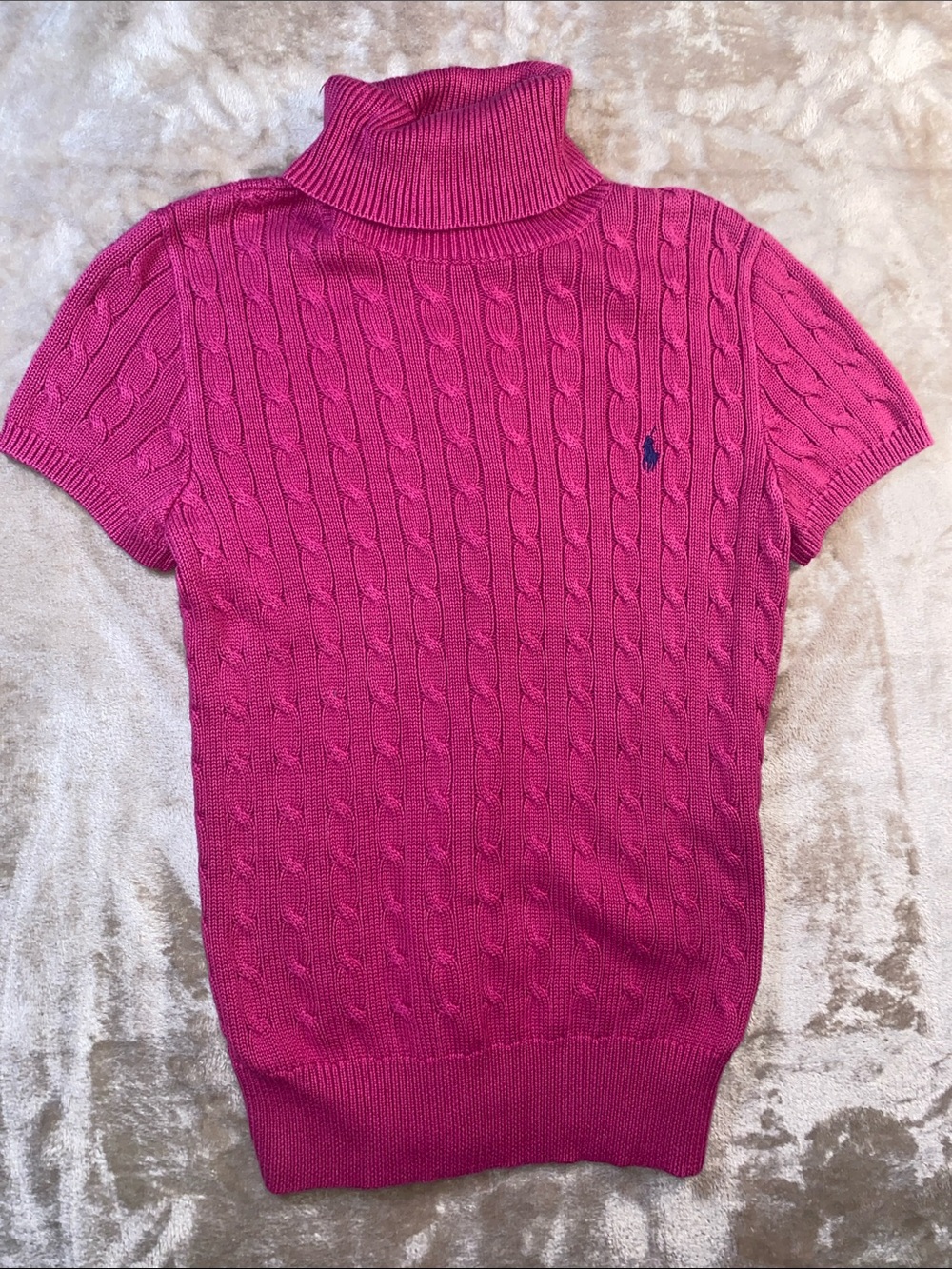 Vintage Ralph Lauren Cotton Hot Pink Cable-Knit Short Sleeve Turtleneck Y2K